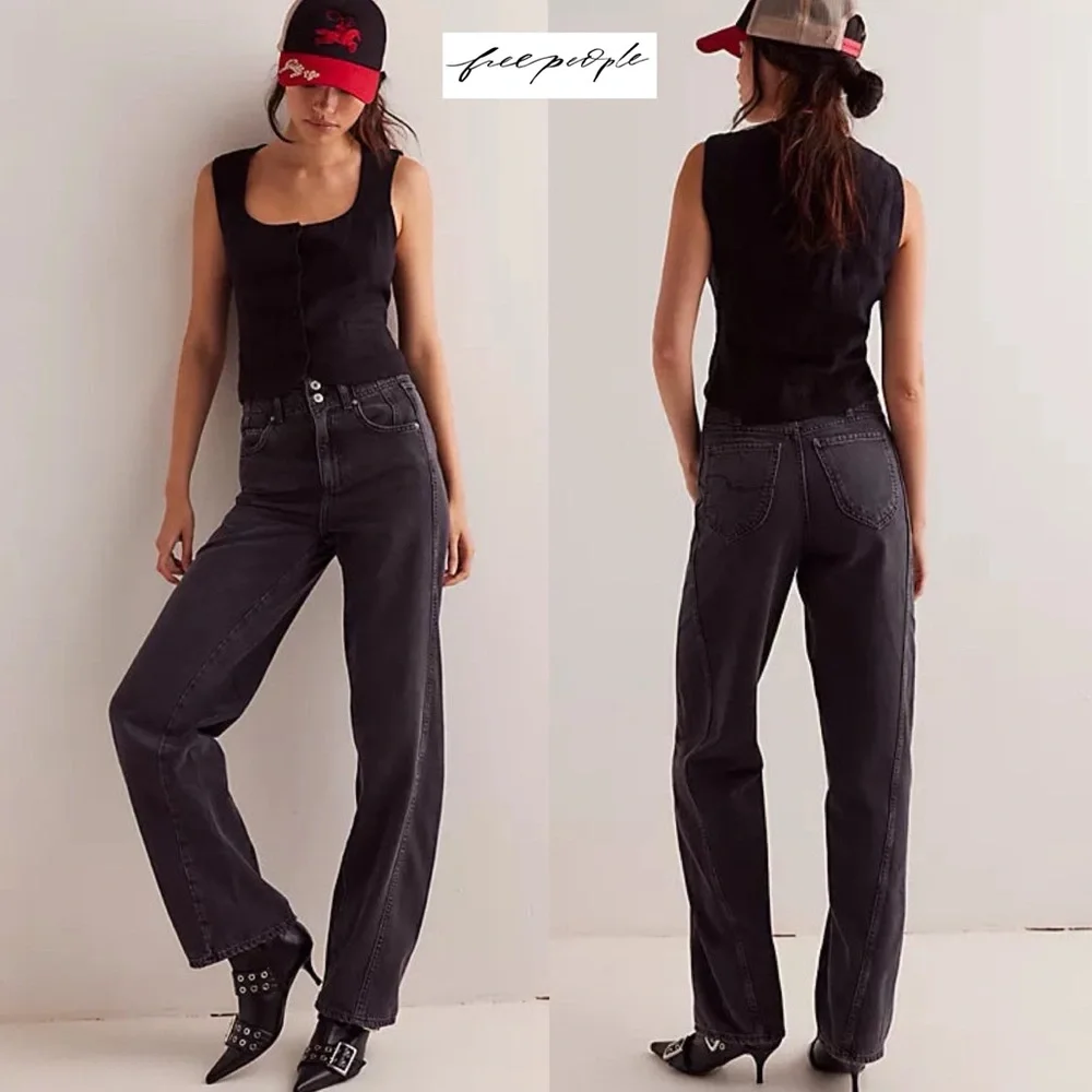 FREE PEOPLE ASTER STRAIGHT LEG JEANS in Asteroid Black Gray Size 28 High Rise - Picture 3 of 16